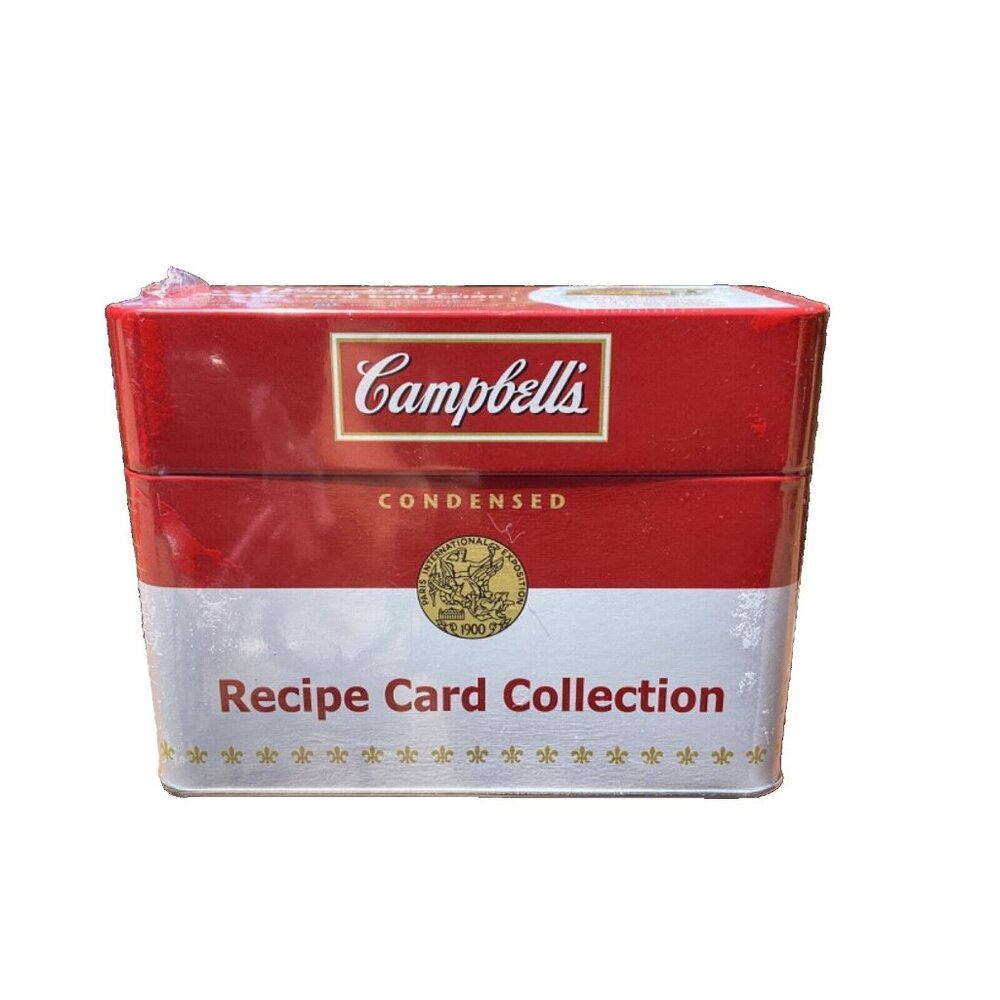 Campbell’s Soup Metal Recipe Box with 76 Recipe Cards and Dividers Sealed